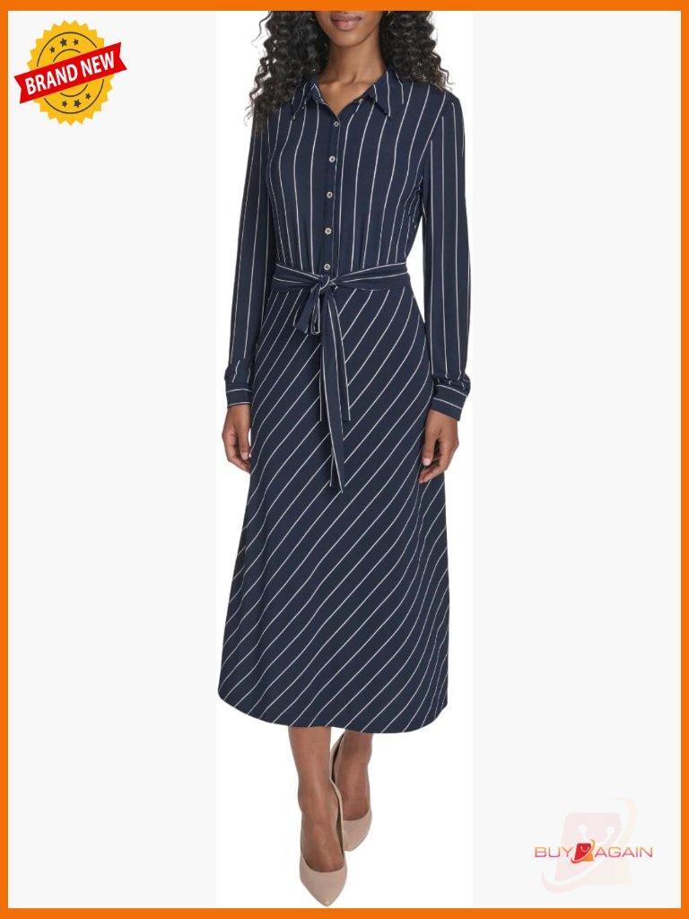 Long Sleeve Collared Tie Waist Midi Shirtdress